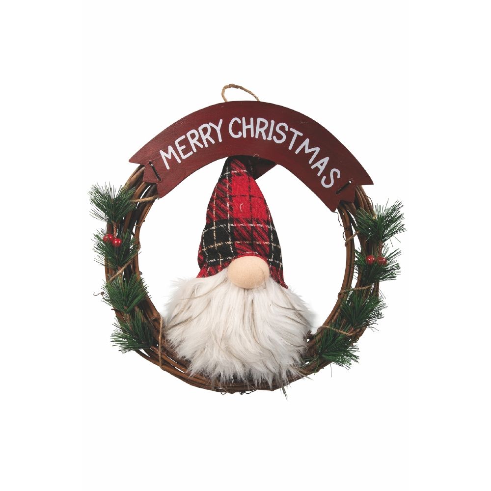 Ghirlanda Welcome Babbo Natale Luminoso, in Legno e Tessuto Ø33 cm