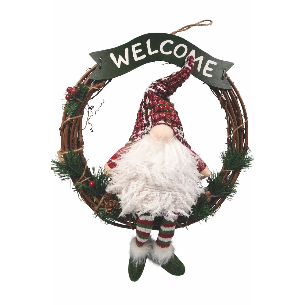 Ghirlanda Welcome Babbo Natale Luminoso, in Legno e Tessuto Ø43 cm